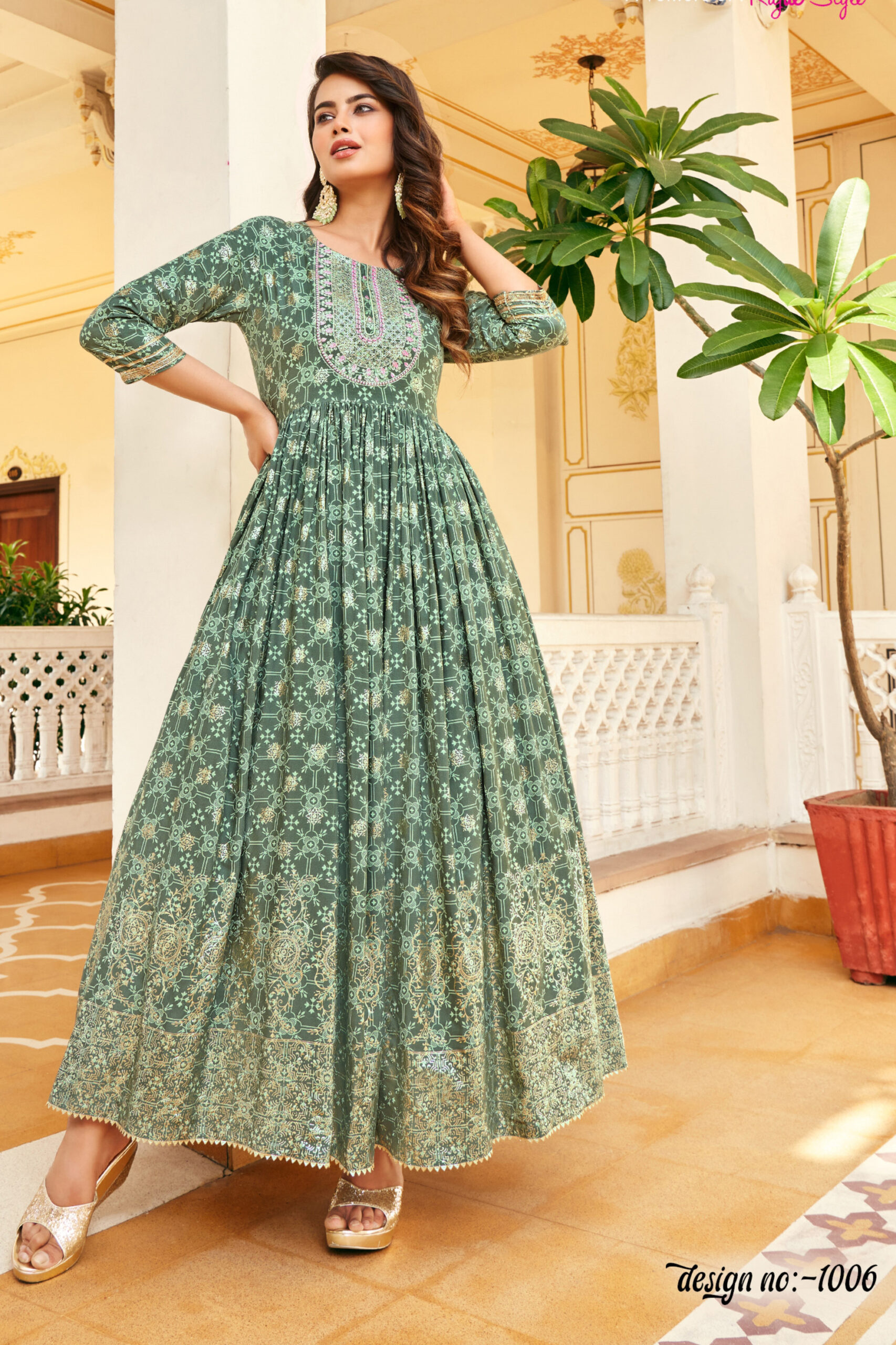Designer Gown Style With Classic Reyon Foil Prints And Fancy Embroidery Work Embrace Elegance In This Stunning Ensemble