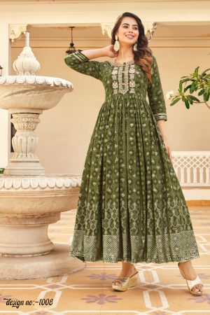 Designer Gown Style With Classic Reyon Foil Prints And Fancy Embroidery Work Embrace Elegance In This Stunning Ensemble