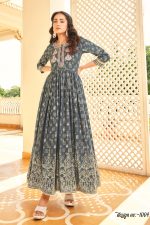 Designer Gown Style With Classic Reyon Foil Prints And Fancy Embroidery Work Embrace Elegance In This Stunning Ensemble