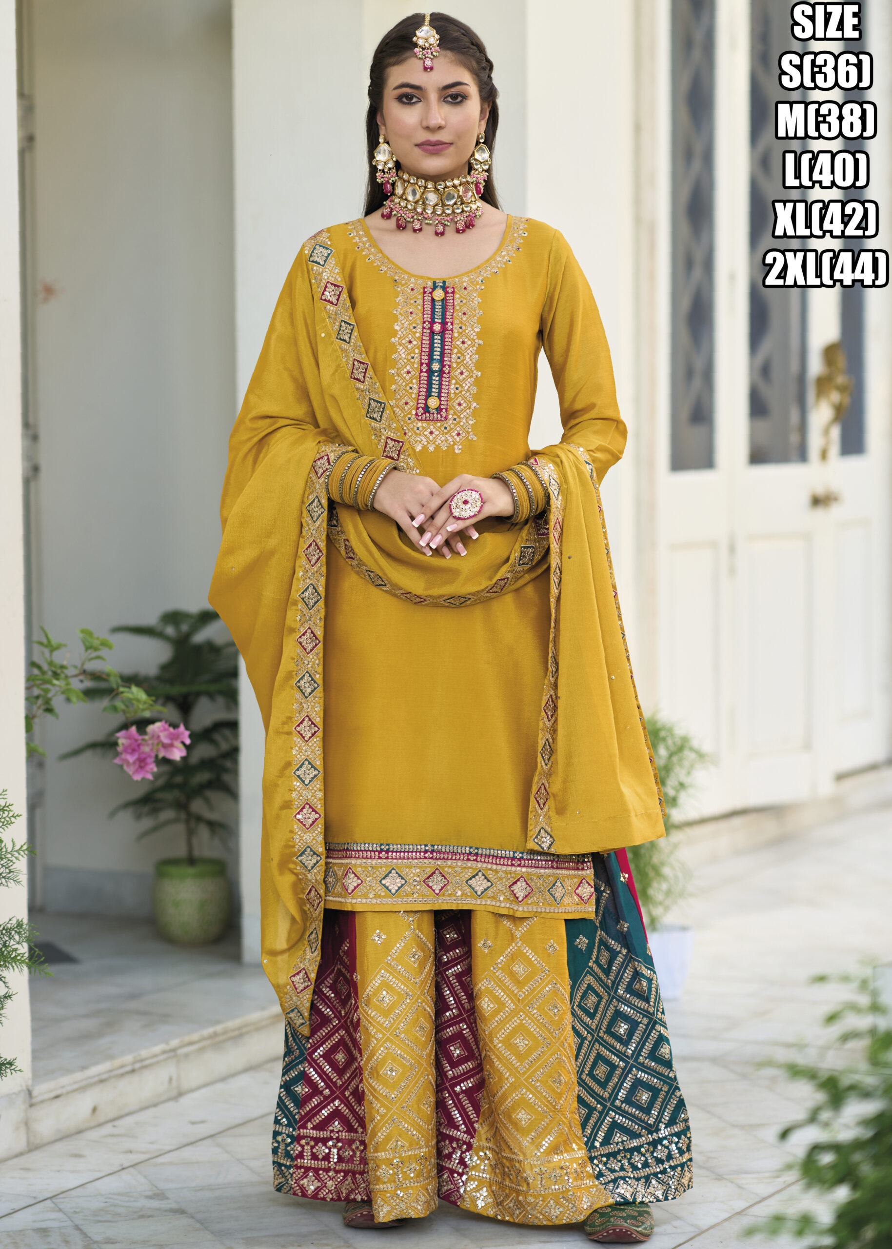 Elegant Baluming Chinon Top And Palazzo Set With Exquisite Embroidery Work with Free Size Palazzo