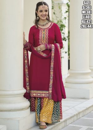 Elegant Baluming Chinon Top And Palazzo Set With Exquisite Embroidery Work with Free Size Palazzo