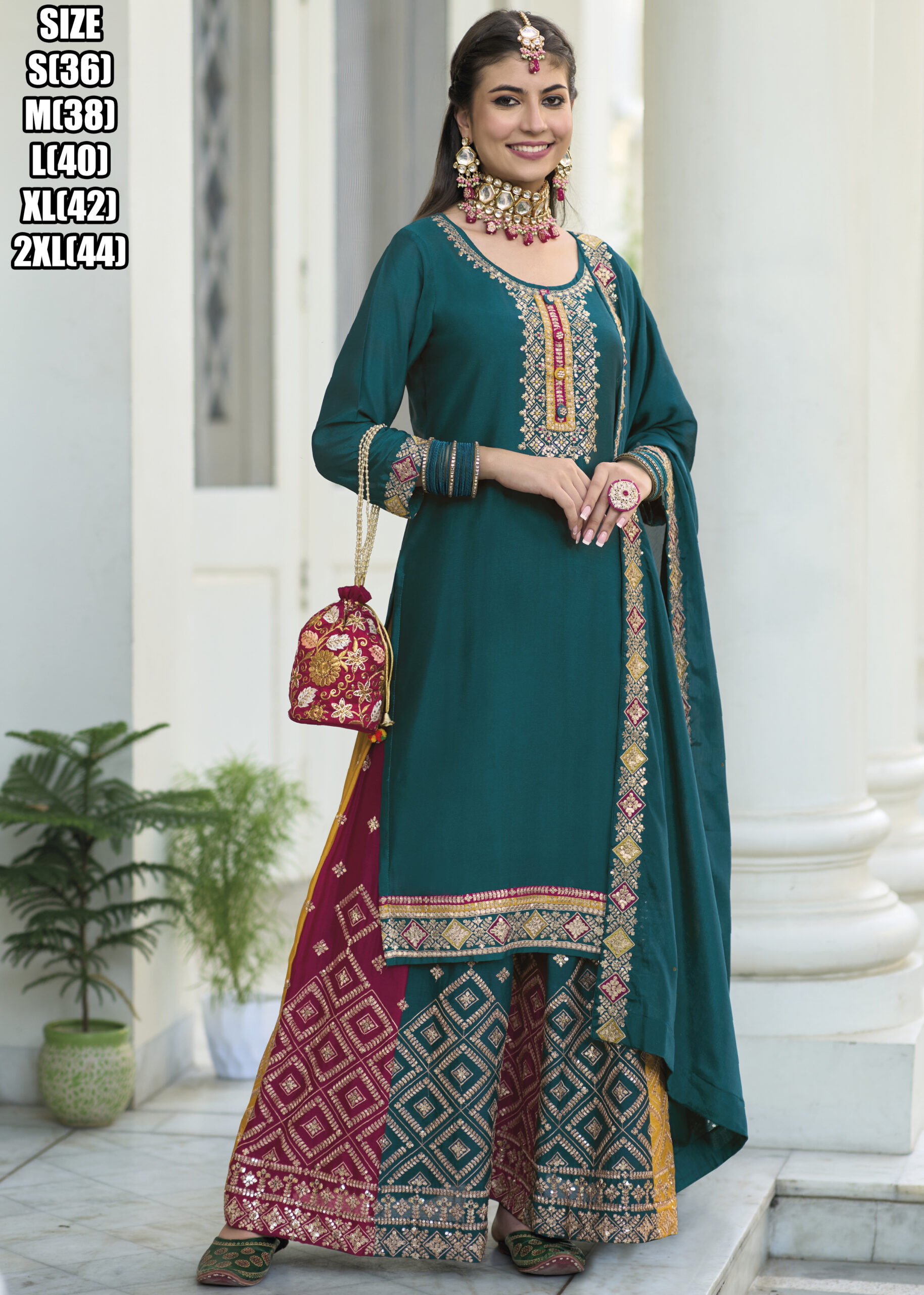 Elegant Baluming Chinon Top And Palazzo Set With Exquisite Embroidery Work with Free Size Palazzo