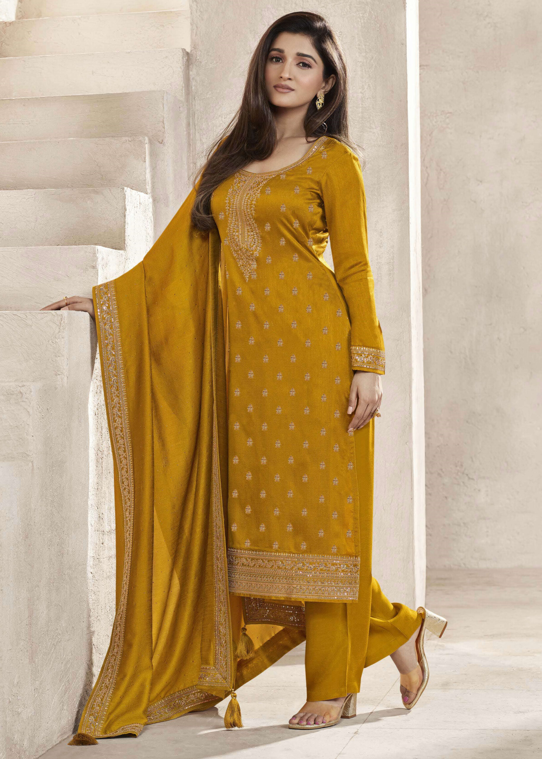Discover The Allure Of Our Semistitched Silk Georgette Salwar Suit Set Complete With Santoon Inner, Silk Bottom, And Chiffon Dupatta