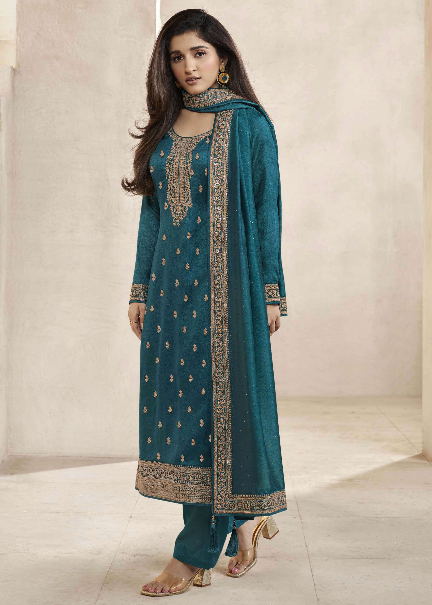 Discover The Allure Of Our Semistitched Silk Georgette Salwar Suit Set Complete With Santoon Inner, Silk Bottom, And Chiffon Dupatta