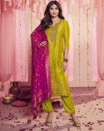 Women's Ready To Wear Pure Viscose Dola Jacquard Kurti Pent With Dupatta For Mehndi Function