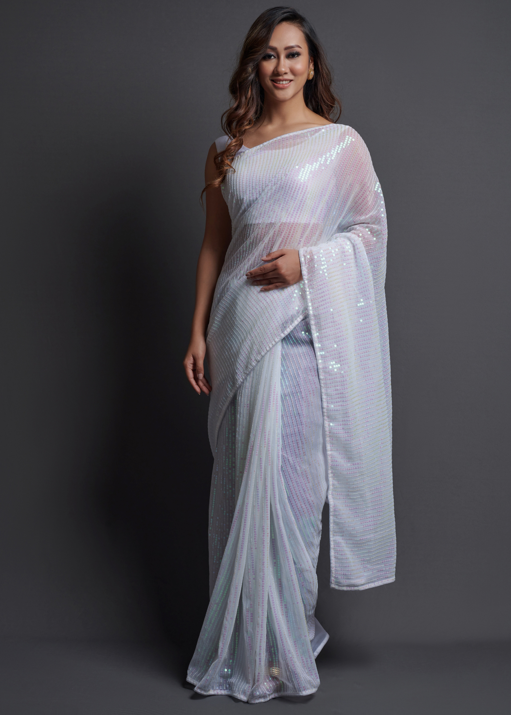 Ethnicrang Women's Heavy Georgette Silk Sequence Un-Stitched Saree With Banglori Blouse