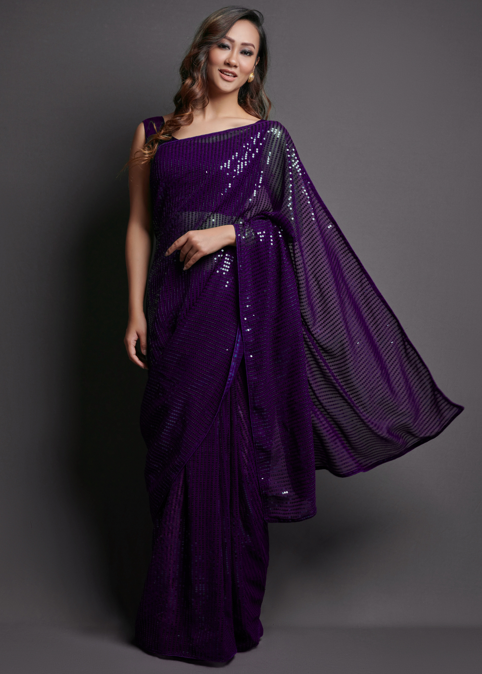 Ethnicrang Women's Heavy Georgette Silk Sequence Un-Stitched Saree With Banglori Blouse