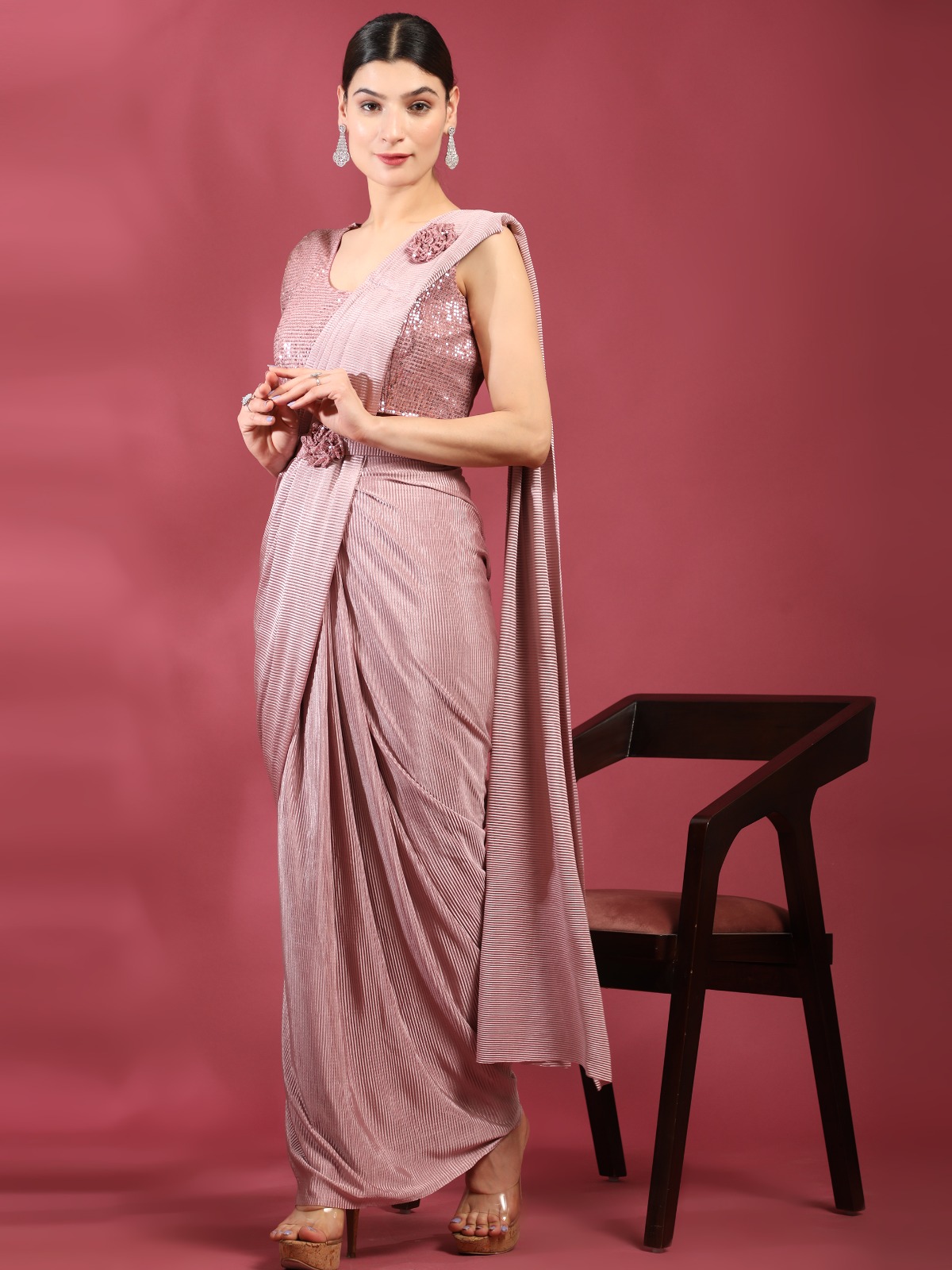 Ready To Wear Imported Crush Saree with Sequence Work Blouse