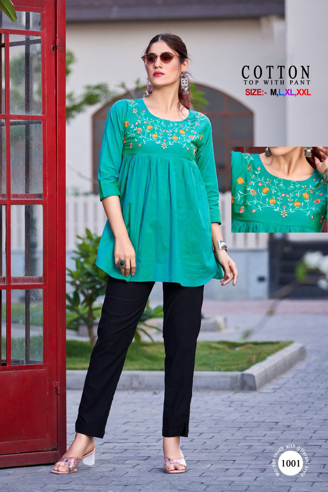 Top Premium Quality 100% Cotton with Handmade Work and Stretchable Cotton Pants with 2 Side Pockets