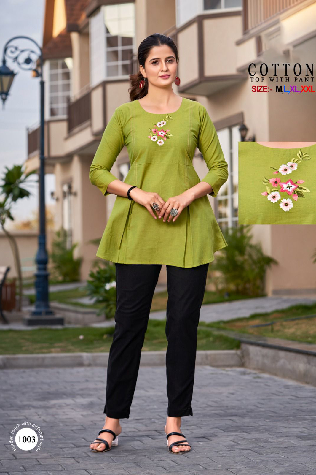 Top Premium Quality 100% Cotton with Handmade Work and Stretchable Cotton Pants with 2 Side Pockets