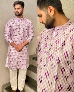 Embrace Timeless Elegance with our Pure Banglori Silk Crochet Work and Print Men's Kurta