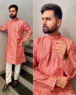 Embrace Timeless Elegance with our Pure Banglori Silk Crochet Work and Print Men's Kurta