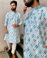 Embrace Timeless Elegance with our Pure Banglori Silk Crochet Work and Print Men's Kurta