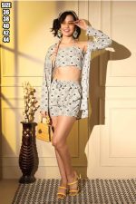 Platinum Crepe Printed Designer Cord Set - Top, Shrug & Bottom