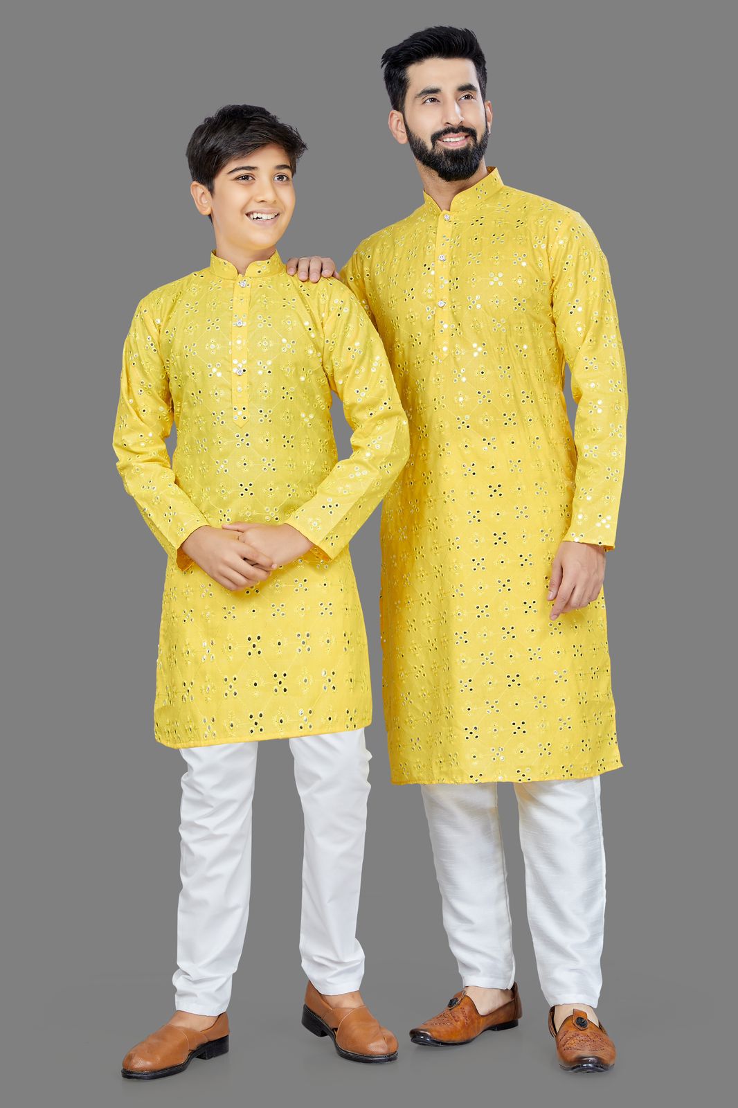 Cotton With Heavy Embroidery Mirror Work Men With Kids Kurta With Pajama