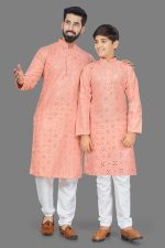 Cotton With Heavy Embroidery Mirror Work Men With Kids Kurta With Pajama