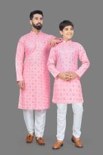 Cotton With Heavy Embroidery Mirror Work Men With Kids Kurta With Pajama