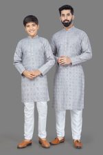 Cotton With Heavy Embroidery Mirror Work Men With Kids Kurta With Pajama
