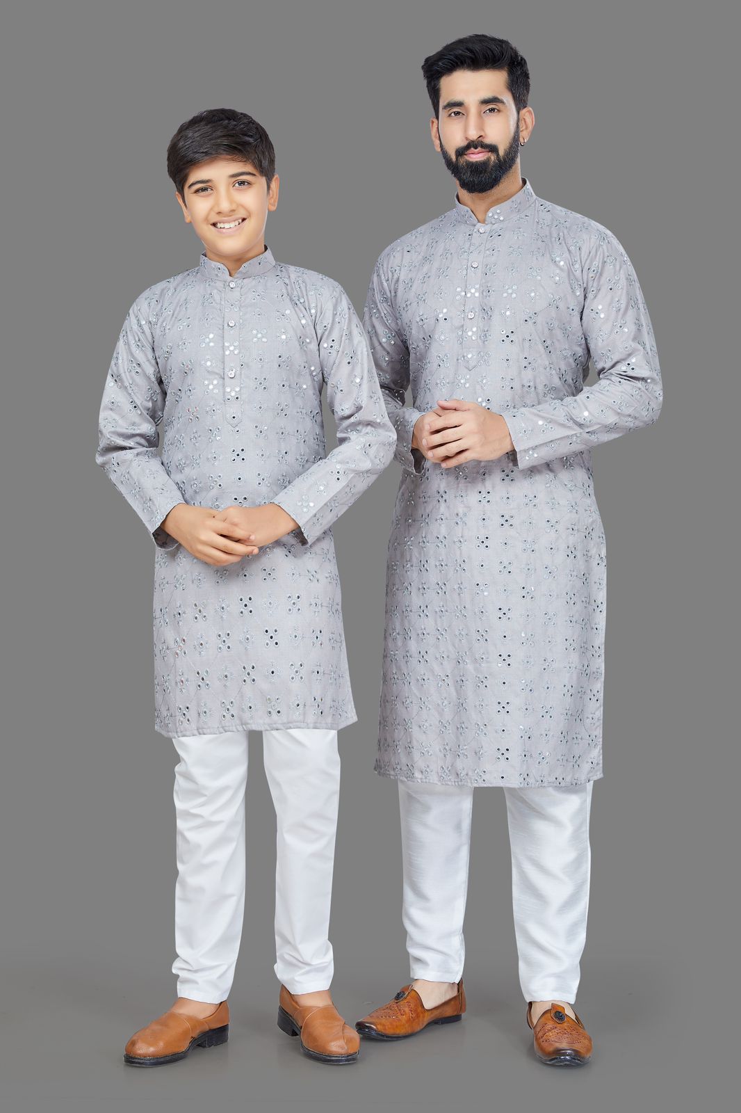 Cotton With Heavy Embroidery Mirror Work Men With Kids Kurta With Pajama