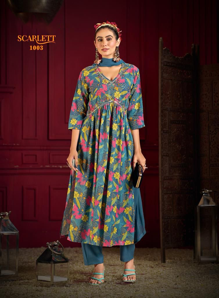 Women's Rayon Digital Print Stitched Kurti Pent With Dupatta