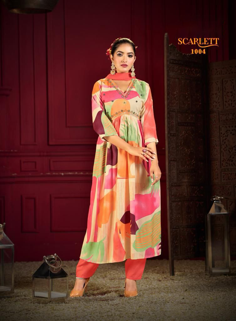 Women's Stitched Rayon Handwork Kurti Pent With Nazneen Dupatta