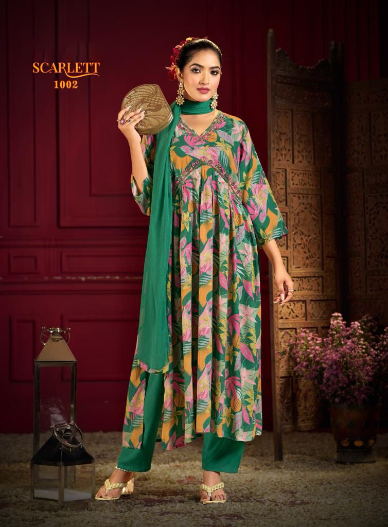 Women's Stitched Rayon Handwork Kurti Pent With Nazneen Dupatta