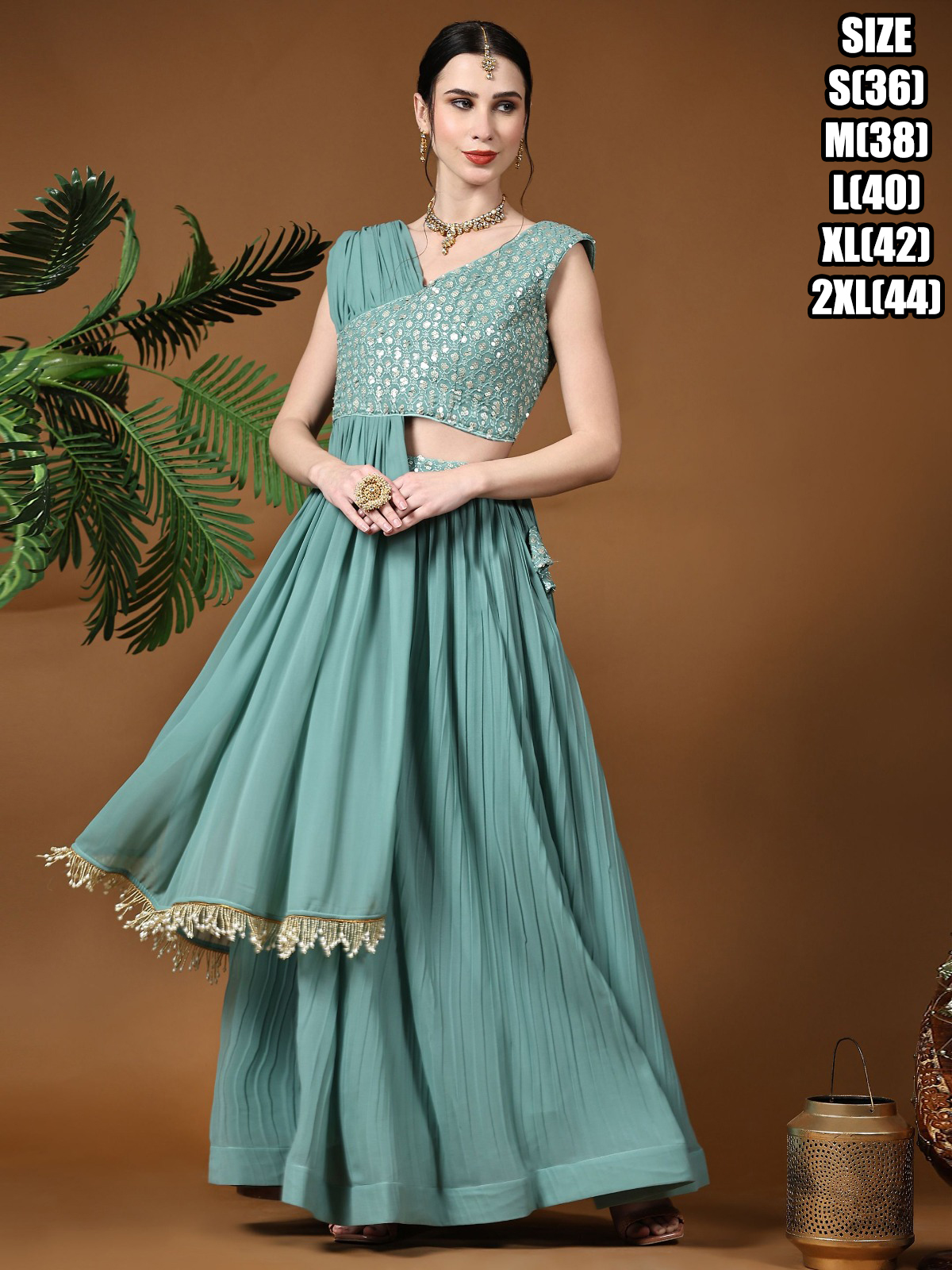 Ready To Wear Heavy Georgette Embroidered Work Lehenga Choli For Women | One Shoulder Dress Drape Drape Indo Western Dress Designer Drape Gowns