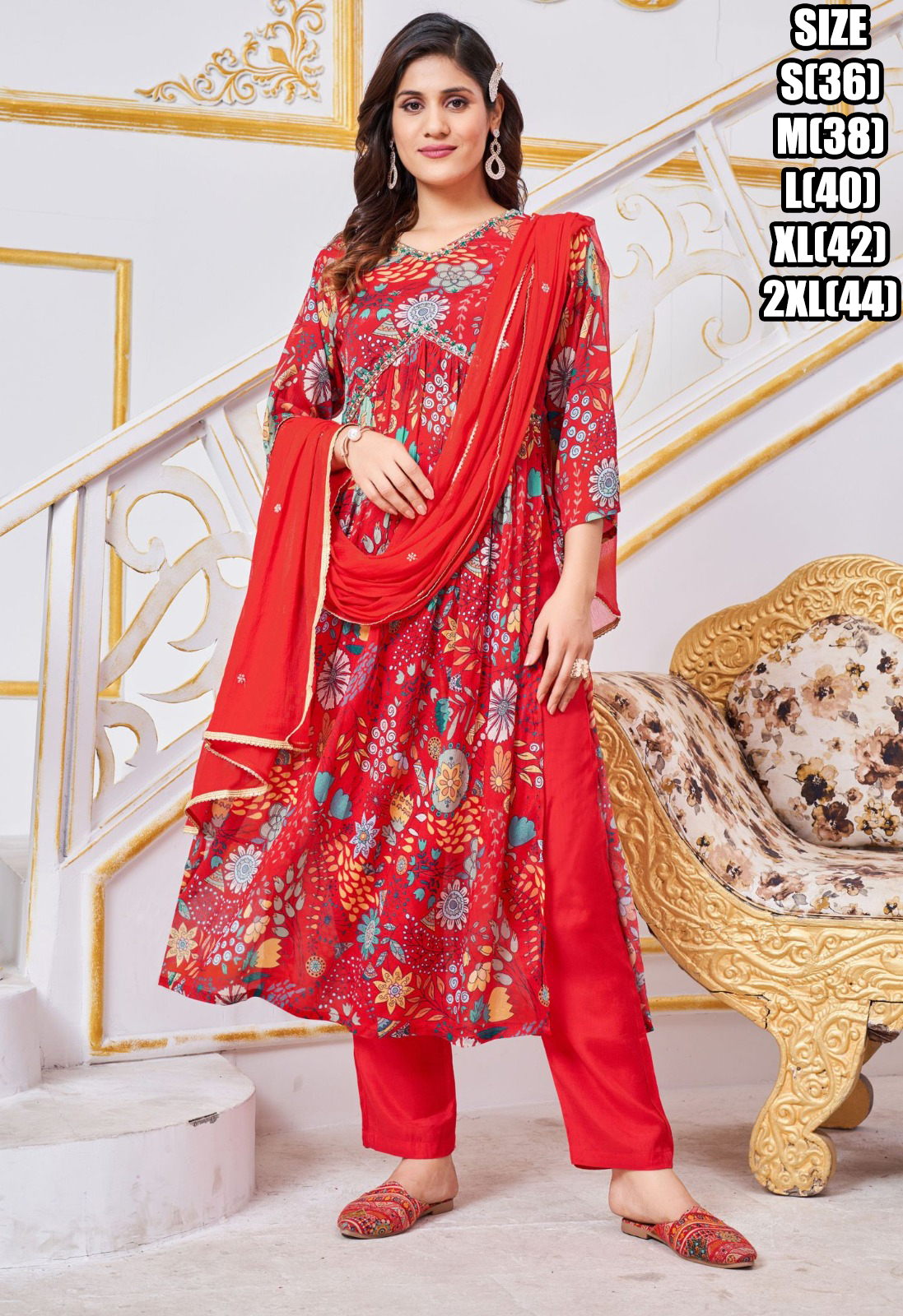 Women's Readymade Fabulous Pure Chinon Handwork Alia Cut Kurti Pant With Dupatta