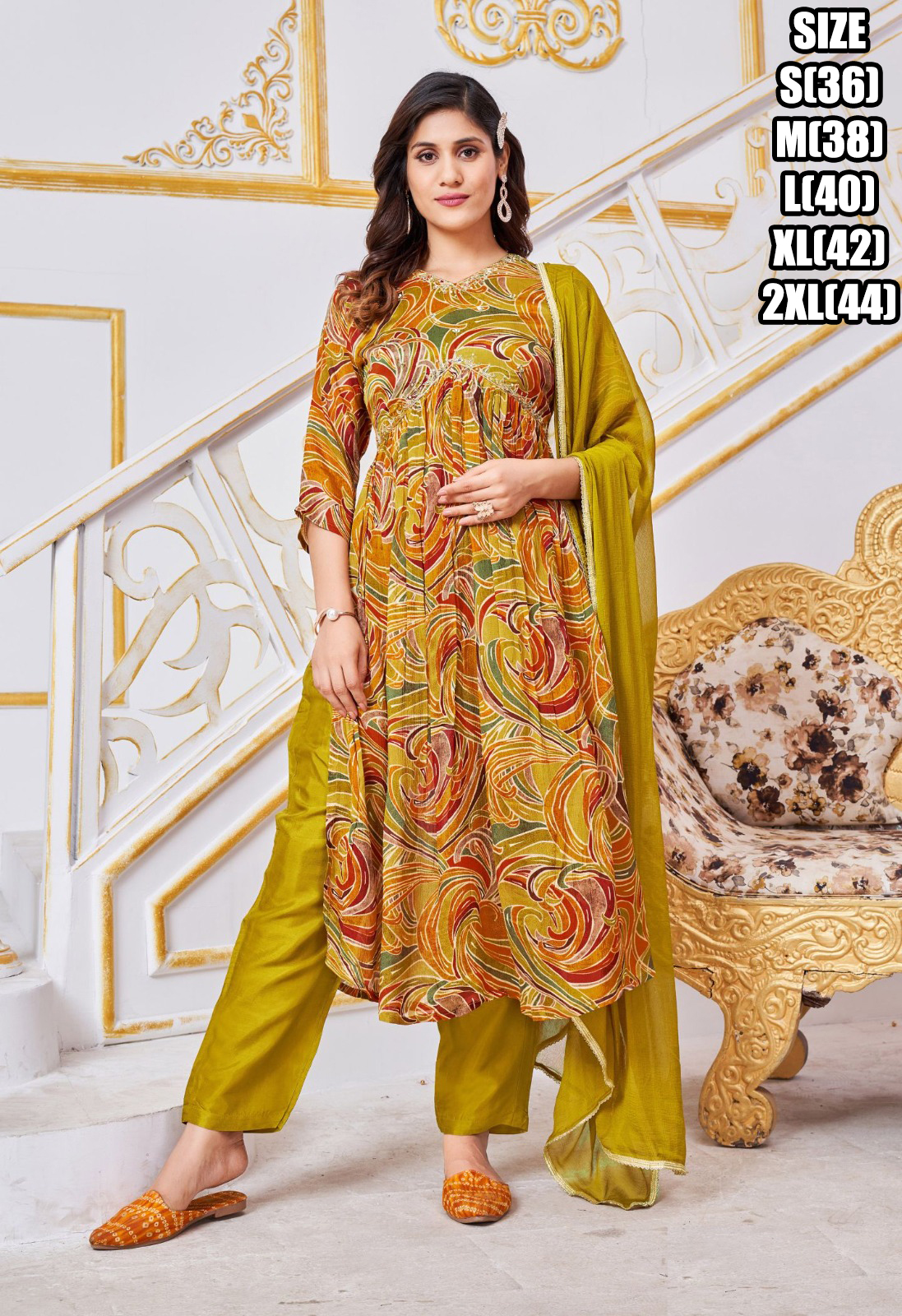 Women's Readymade Fabulous Pure Chinon Handwork Alia Cut Kurti Pant With Dupatta