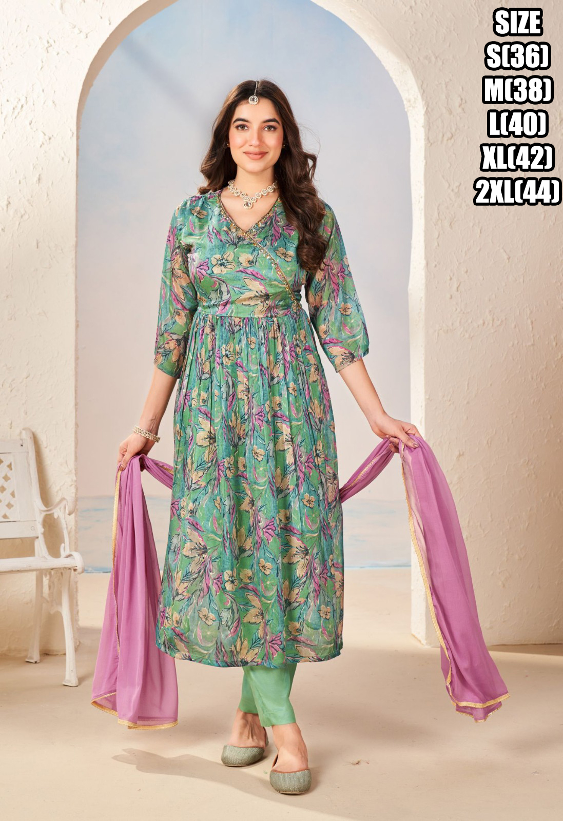 Women's Readymade Fabulous Pure Chinon Handwork Alia Cut Kurti Pant With Dupatta