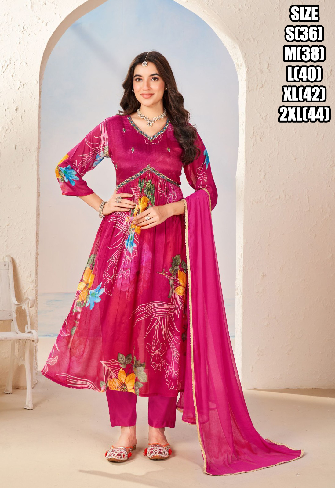 Women's Readymade Fabulous Pure Chinon Handwork Alia Cut Kurti Pant With Dupatta