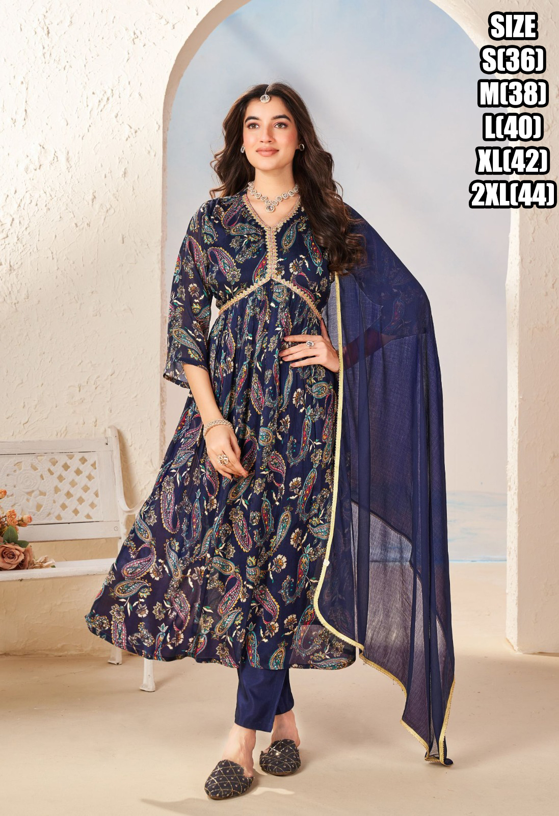 Women's Readymade Fabulous Pure Chinon Handwork Alia Cut Kurti Pant With Dupatta