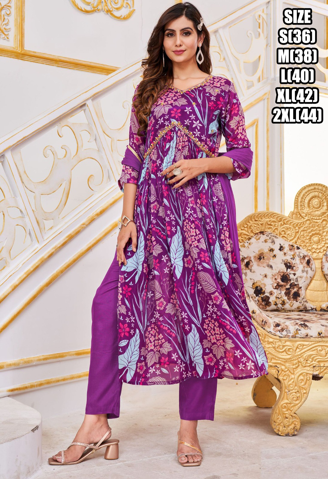 Women's Readymade Fabulous Pure Chinon Handwork Alia Cut Kurti Pant With Dupatta