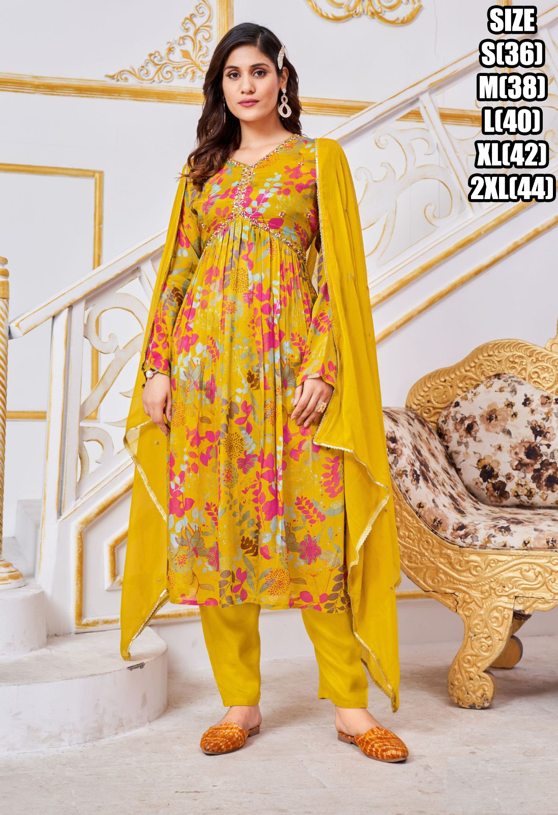 Women's Readymade Fabulous Pure Chinon Handwork Alia Cut Kurti Pant With Dupatta