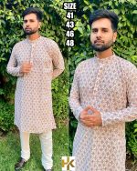 Explore the Artistry of Heavy Cotton Schiffli Chikan Work in Our Men's Kurta with Pajama Ensemble Tradition Meets Contemporary Style