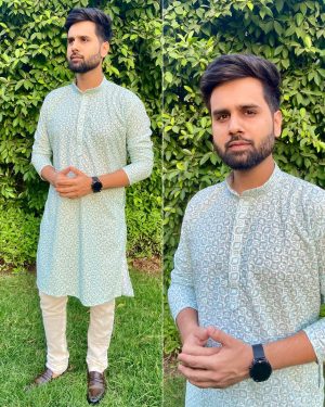 Explore the Artistry of Heavy Cotton Schiffli Chikan Work in Our Men's Kurta with Pajama Ensemble Tradition Meets Contemporary Style
