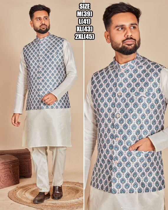 Ethnicrang Men's Soft Silk Stitched Kurta Pajama With Jacket