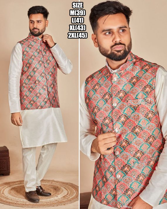 Ethnicrang Men's Soft Silk Stitched Kurta Pajama With Jacket