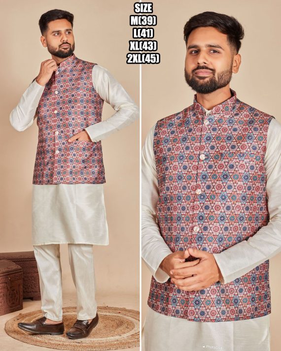 Ethnicrang Men's Soft Silk Stitched Kurta Pajama With Jacket