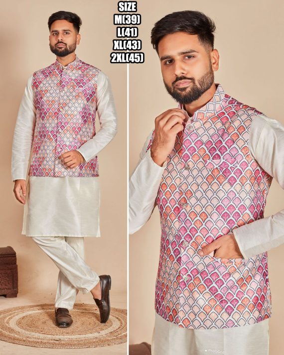 Ethnicrang Men's Soft Silk Stitched Kurta Pajama With Jacket