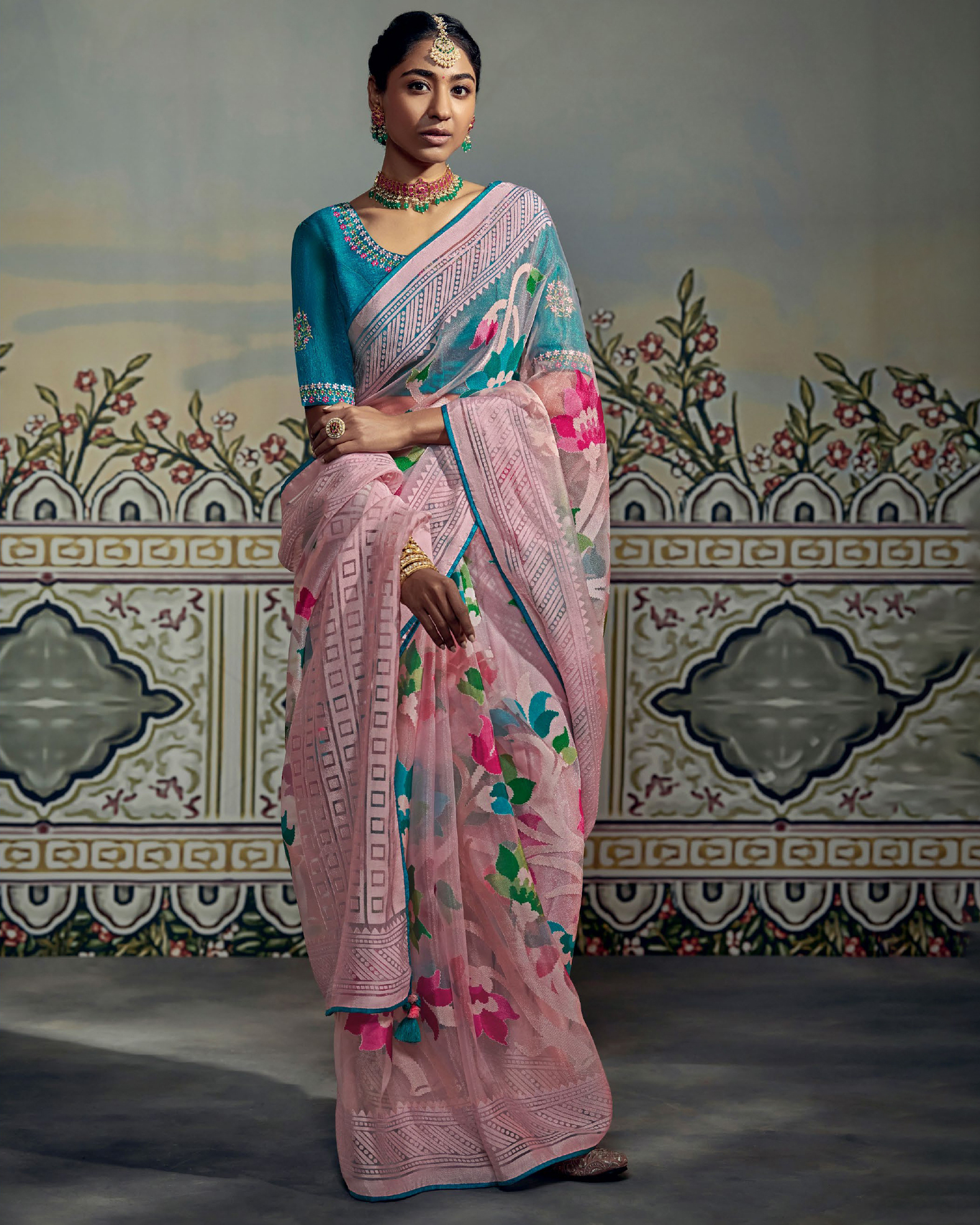 Women's Unstitched Soft Brasso Embrodiery Saree With Blouse