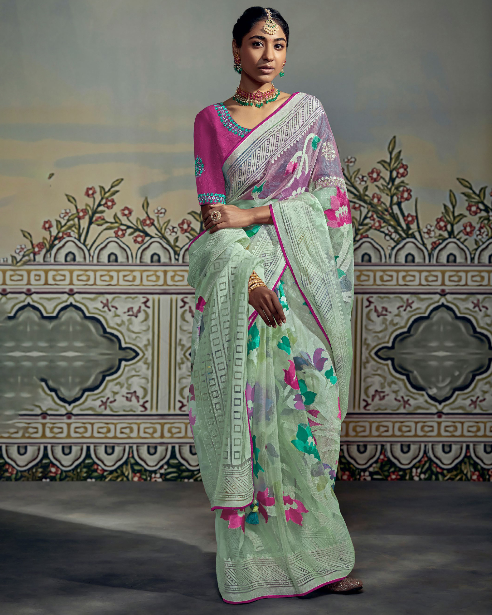 Women's Unstitched Soft Brasso Embrodiery Saree With Blouse