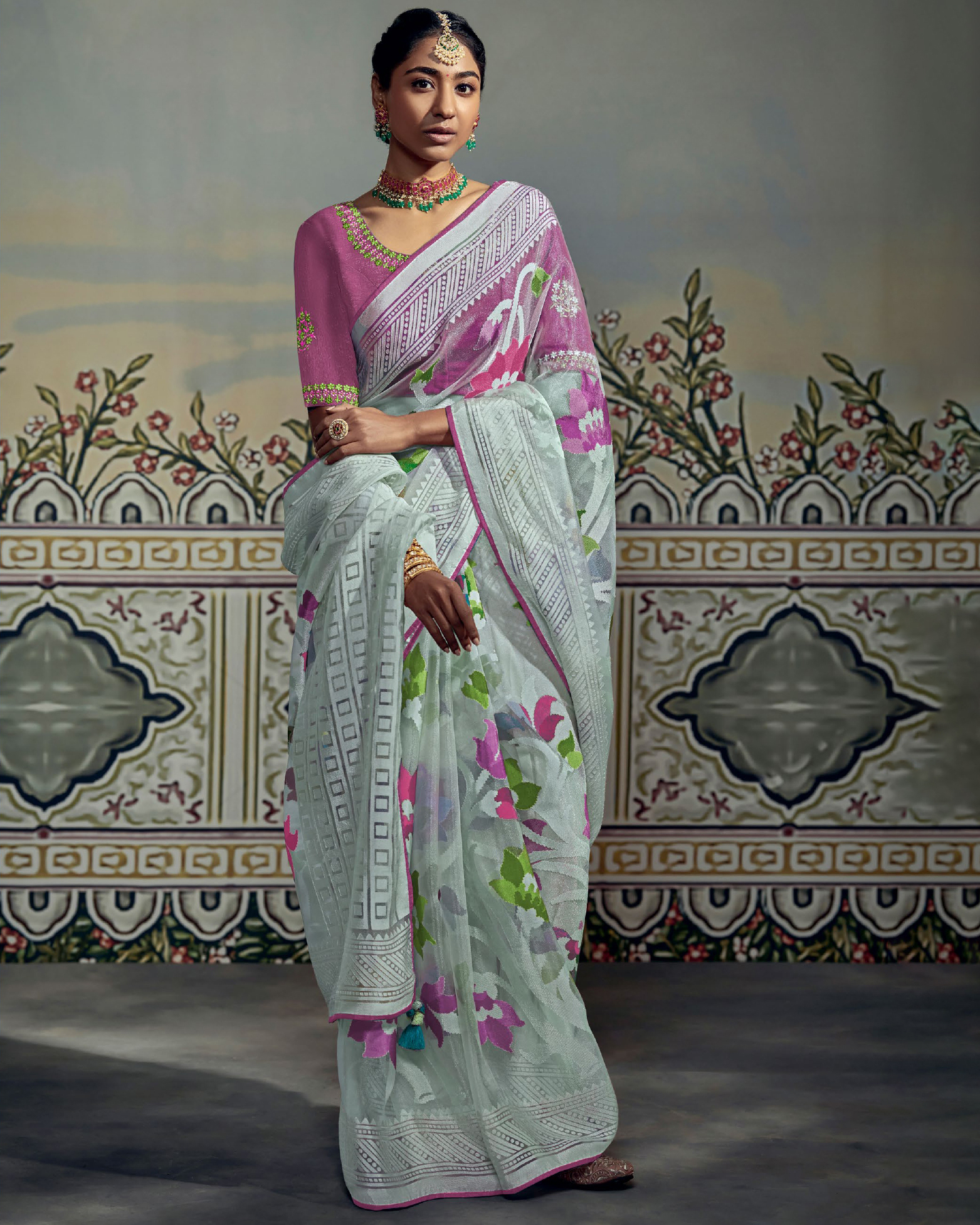 Women's Unstitched Soft Brasso Embrodiery Saree With Blouse