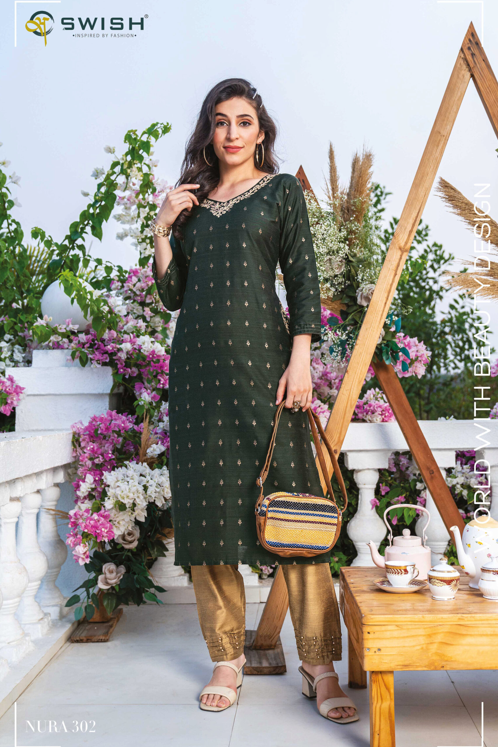 Ethnicrang Women's Silk Jacquard Straight Design Weaving Kurti