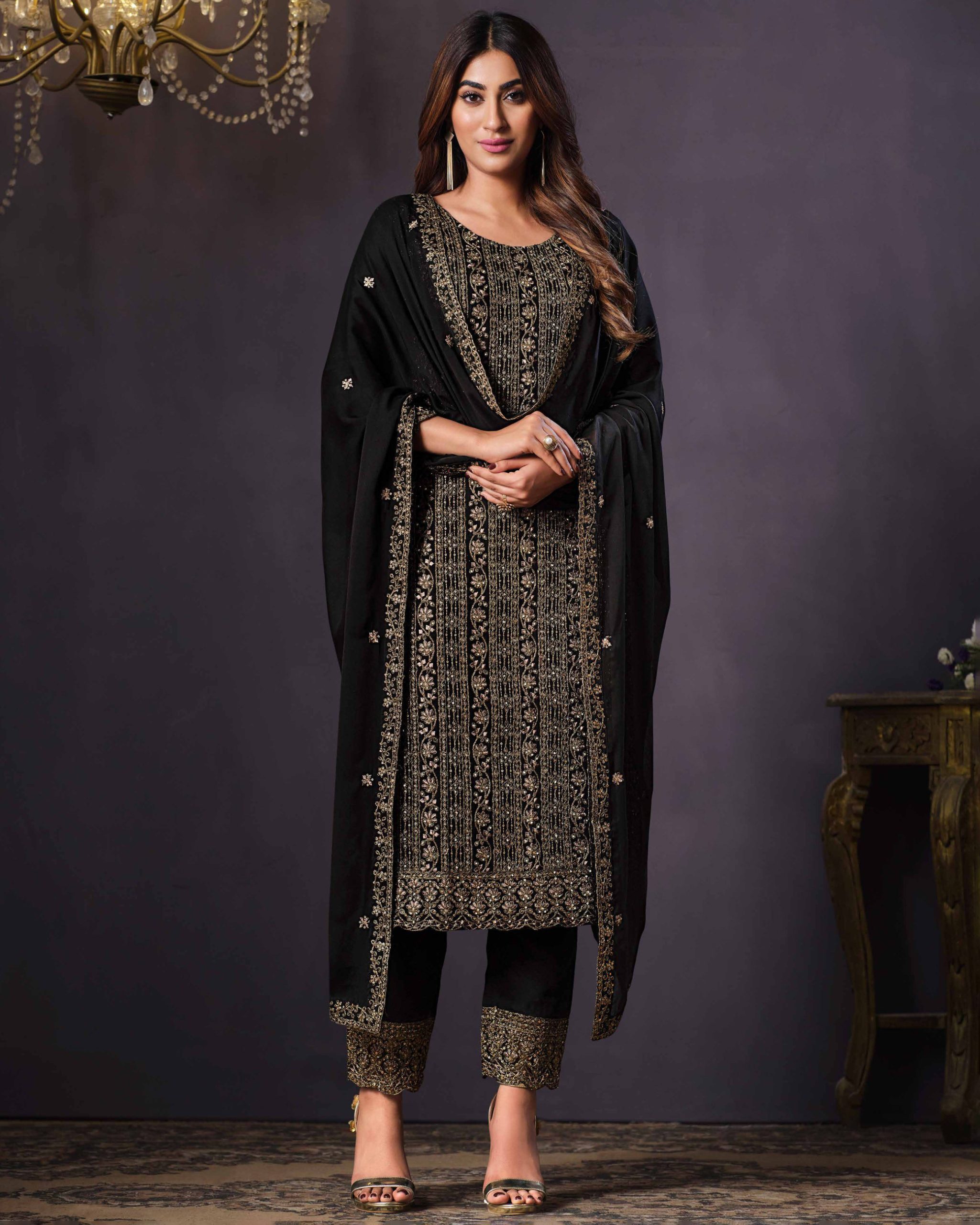 Latest Party Wear Churidar Collections 2 Tone Catonic Embroidery Semi Stitched Salwar Suit