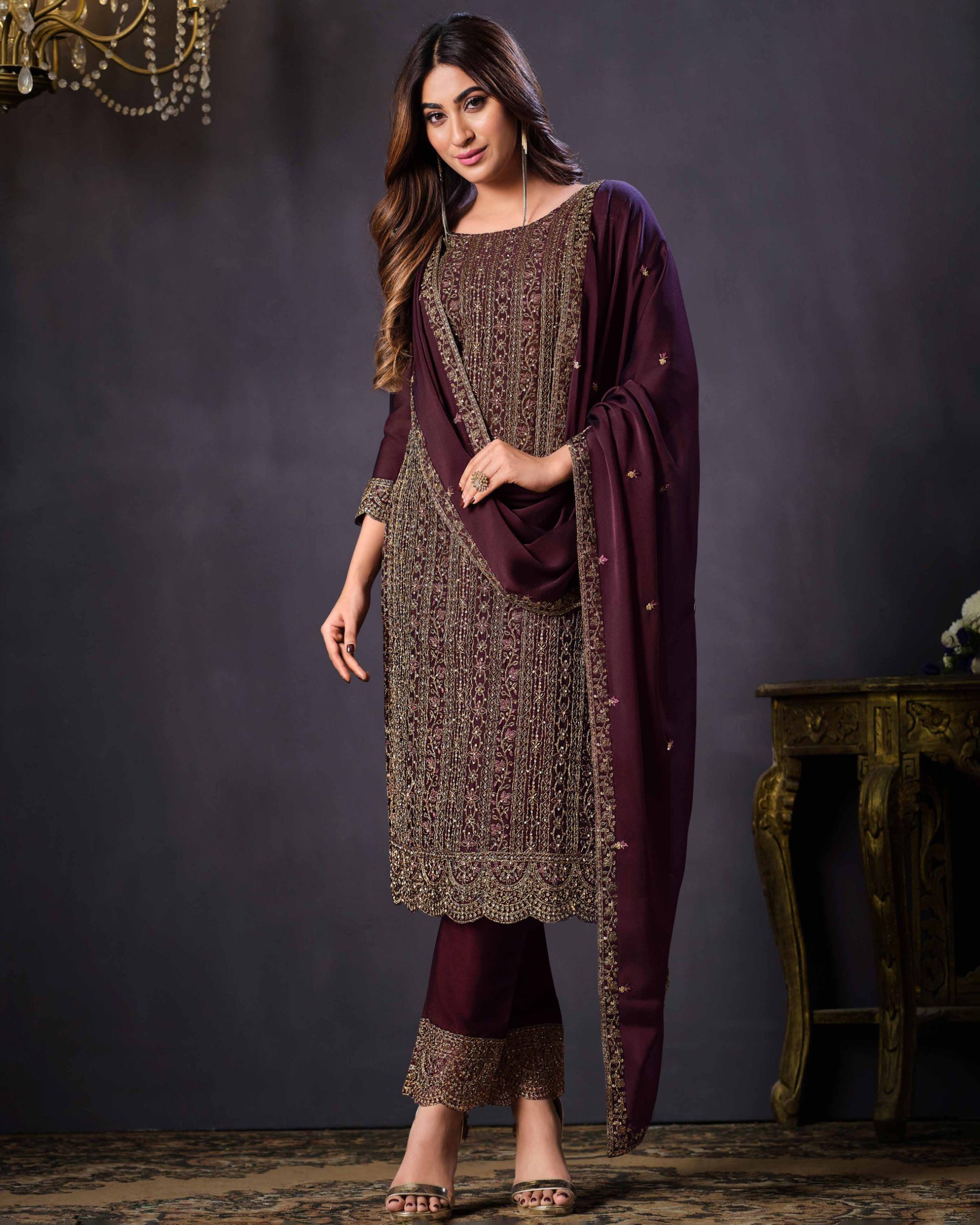 Latest Party Wear Churidar Collections 2 Tone Catonic Embroidery Semi Stitched Salwar Suit
