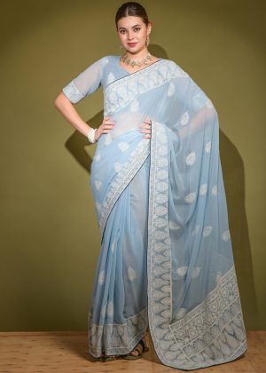 Ethereal Georgette Saree with Lakhnvi Work Elevate Your Style! Shop Now for Captivating Elegance