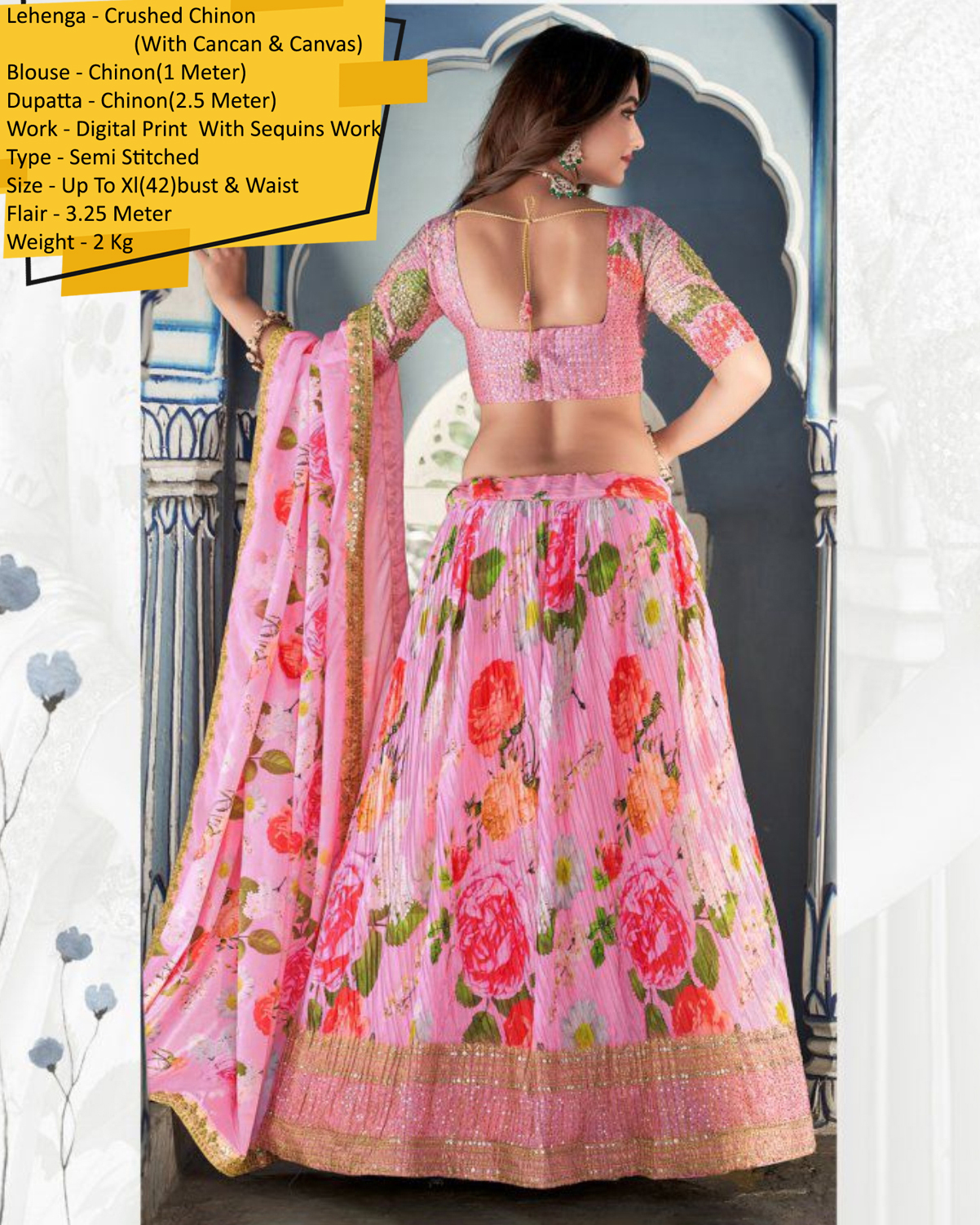 Our Semi Stitched Lehenga In Crush Chinon With Digital Printed With Seqins Embroidery Work With Chinon Dupatta. Embrace Elegance And Make A Statement