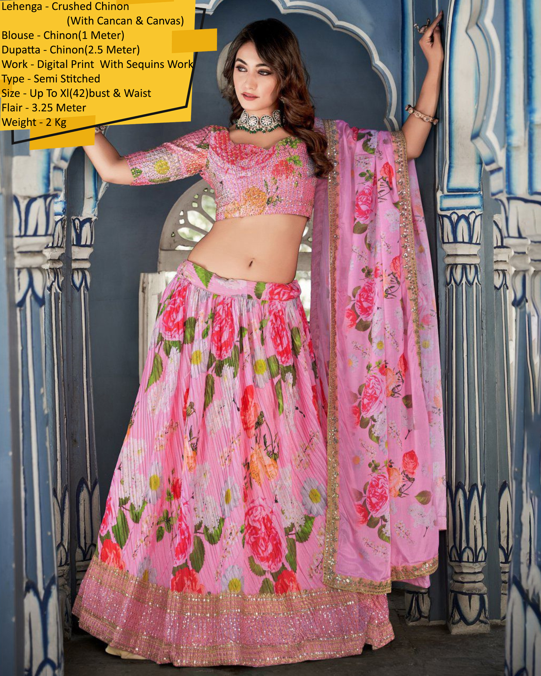 Our Semi Stitched Lehenga In Crush Chinon With Digital Printed With Seqins Embroidery Work With Chinon Dupatta. Embrace Elegance And Make A Statement