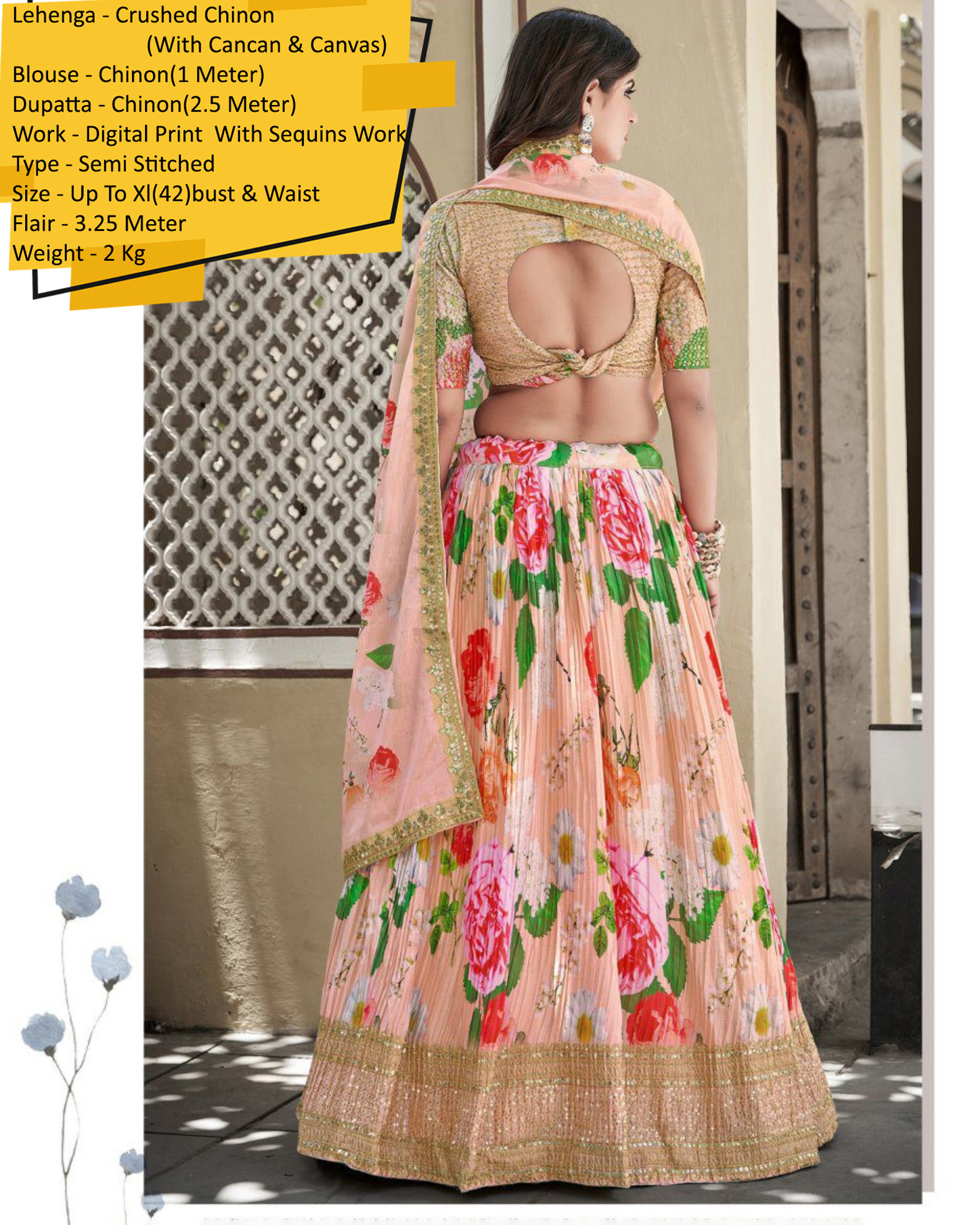 Our Semi Stitched Lehenga In Crush Chinon With Digital Printed With Seqins Embroidery Work With Chinon Dupatta. Embrace Elegance And Make A Statement